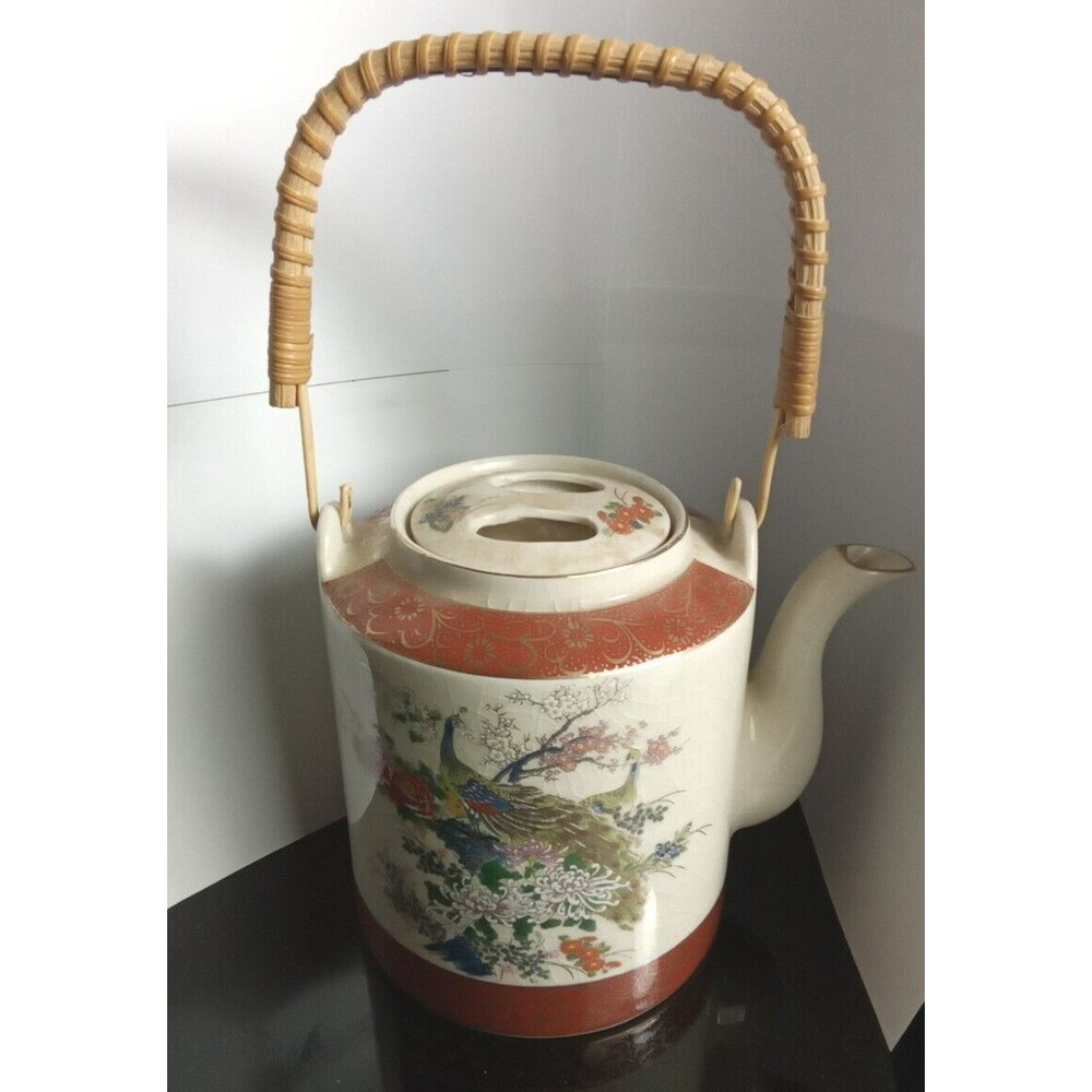 VINTAGE SATSUMA PORCELAIN PEACOCK TEAPOT WITH LID - SATSUMA JAPAN WICKER HANDLE